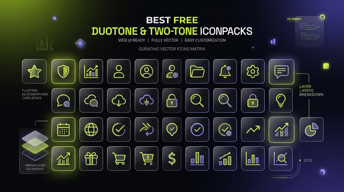 Curated gallery matrix of 12 best free duotone and two-tone icon packs with translucent accents
