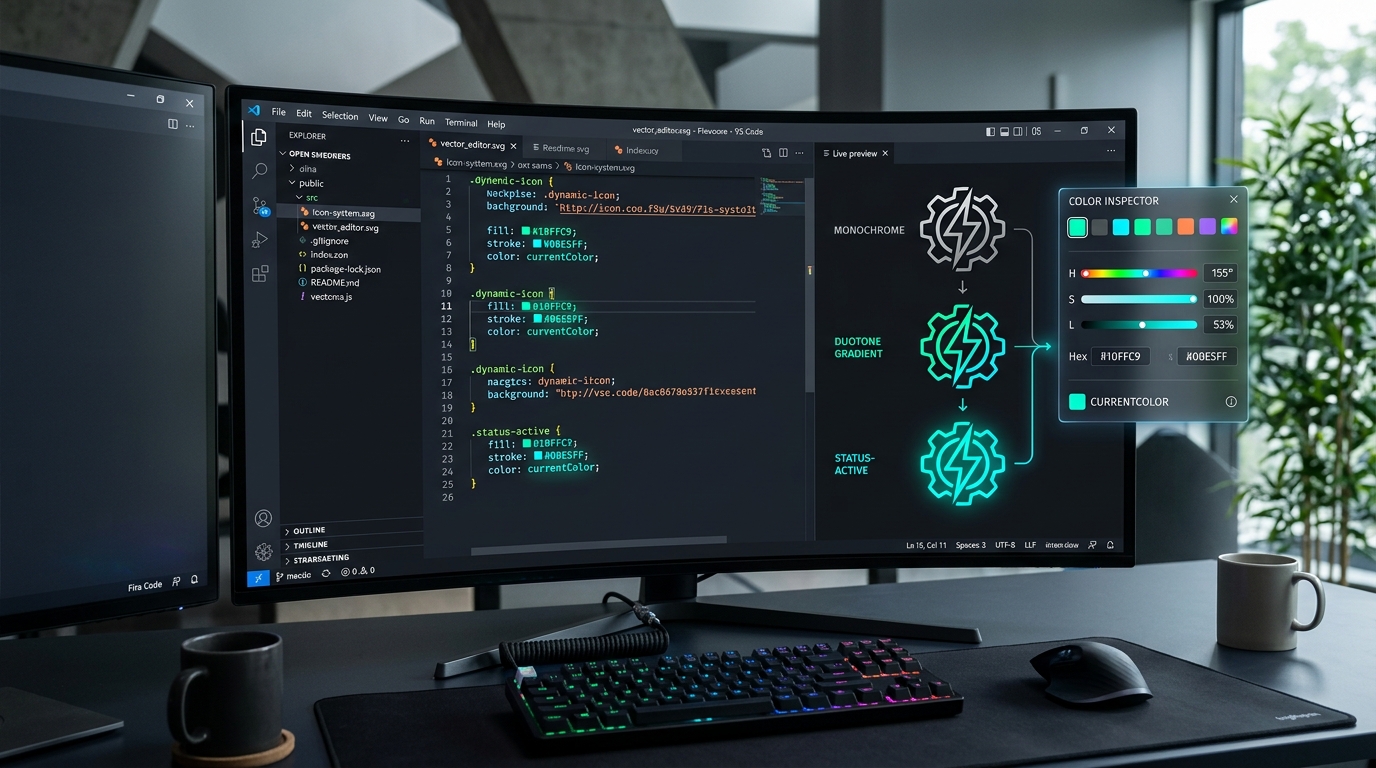 Developer workstation showing vector SVG path color modification in CSS and React with code inspector