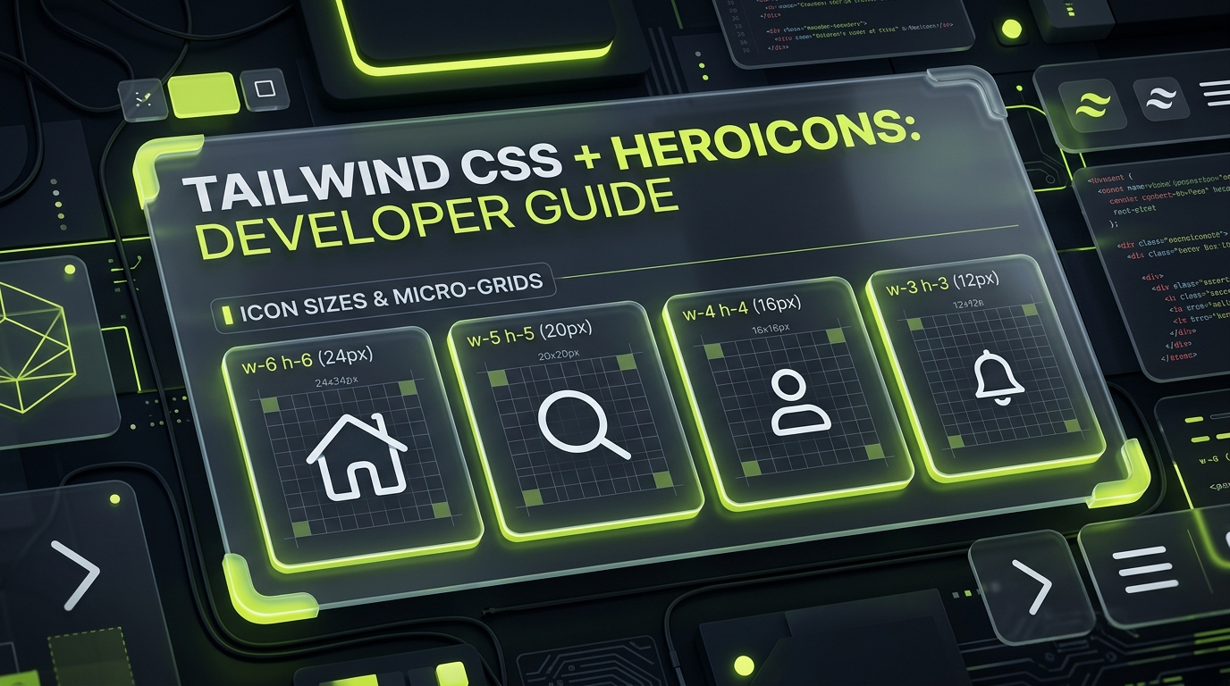 Tailwind CSS and Heroicons guide showing different icon sizes and micro-grids on dark glass panels with glowing neon lime green accents