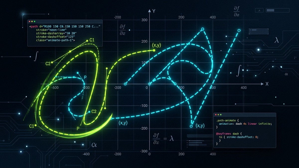 Technical diagram illustrating SVG stroke-dasharray and stroke-dashoffset mathematical line drawing animation across coordinate curves