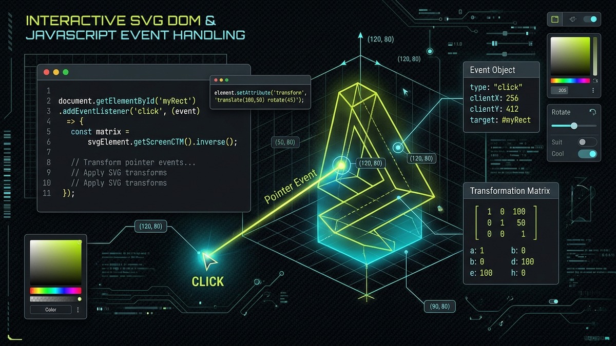 Technical diagram showing interactive SVG DOM programming, JavaScript event handling, and coordinate matrix transformations
