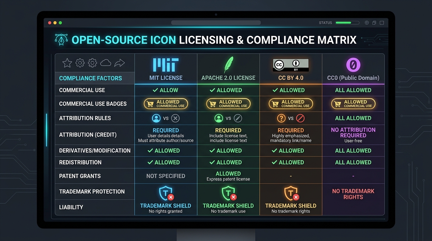 Open-source icon licensing comparison matrix displaying MIT, Apache 2.0, CC-BY, and commercial rights