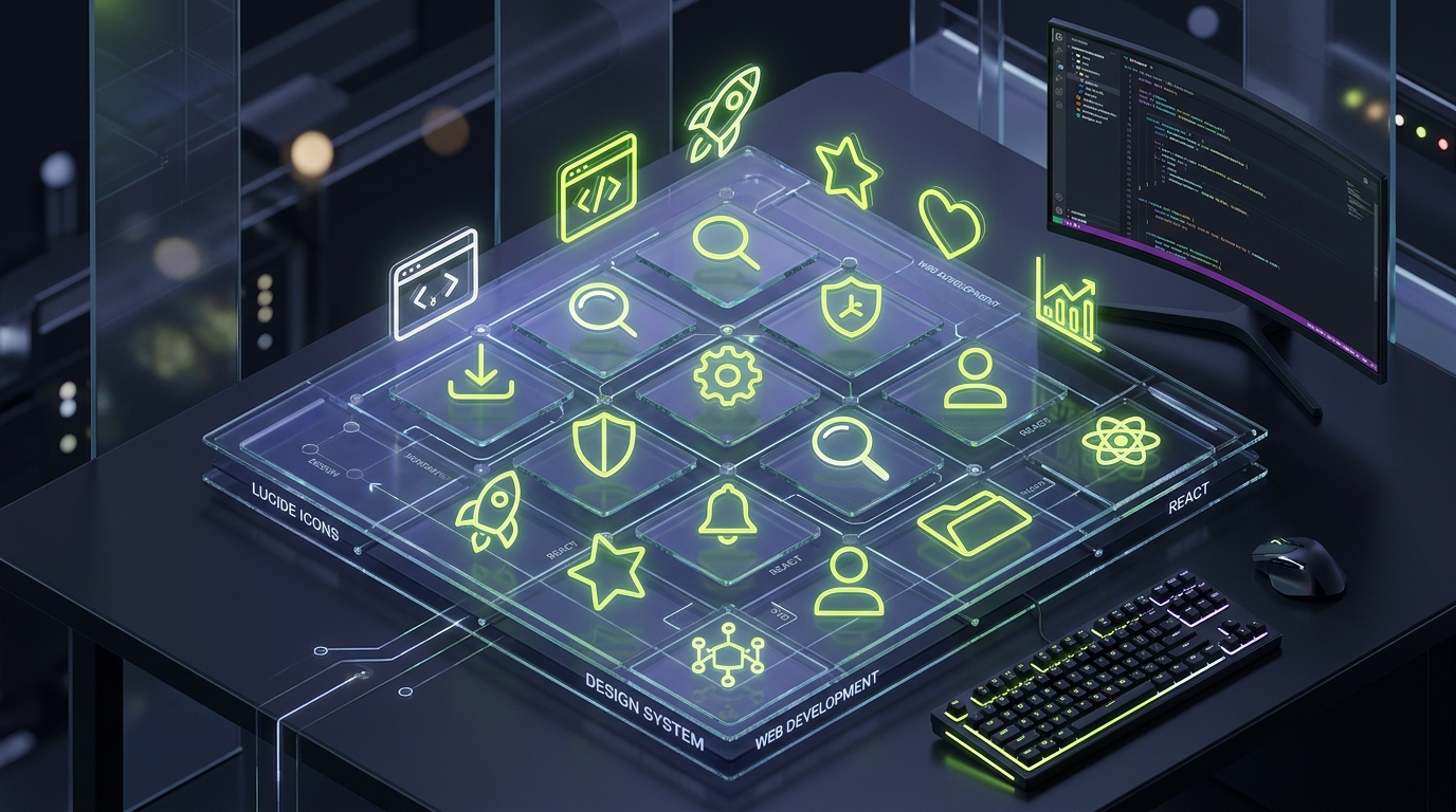 Developer workstation with 3D isometric glass grid displaying glowing Lucide vector icons and Next.js React code