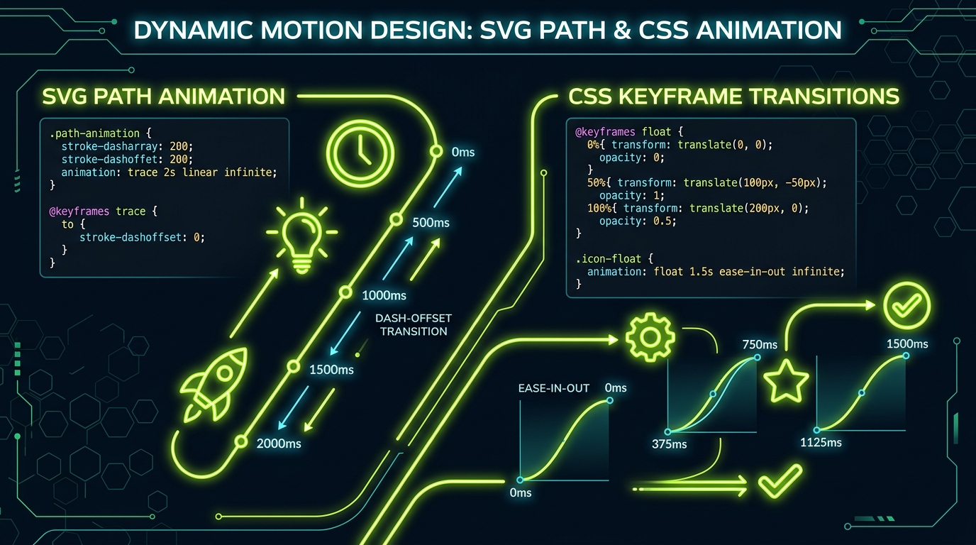 Dynamic SVG motion graphic interface showing animated stroke paths and CSS keyframe curves