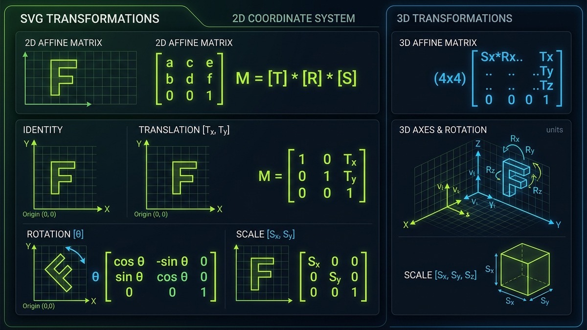 Technical diagram illustrating 2D affine transformation matrices, rotation, scale, translation, and 3D coordinate space mappings in SVG