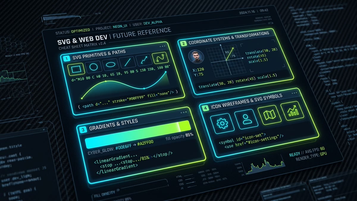 Futuristic SVG developer cheat sheet matrix and syntax dashboard