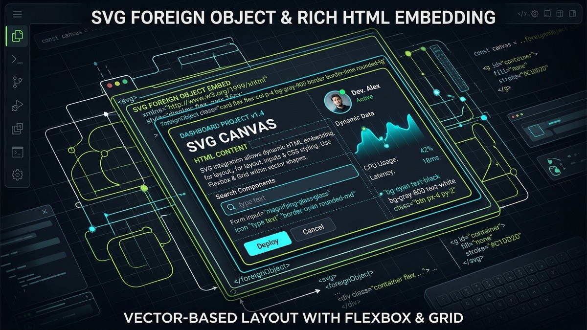 Technical diagram illustrating SVG foreignObject HTML embedding, CSS Flexbox and Grid layouts, XML namespaces, and browser rendering engines