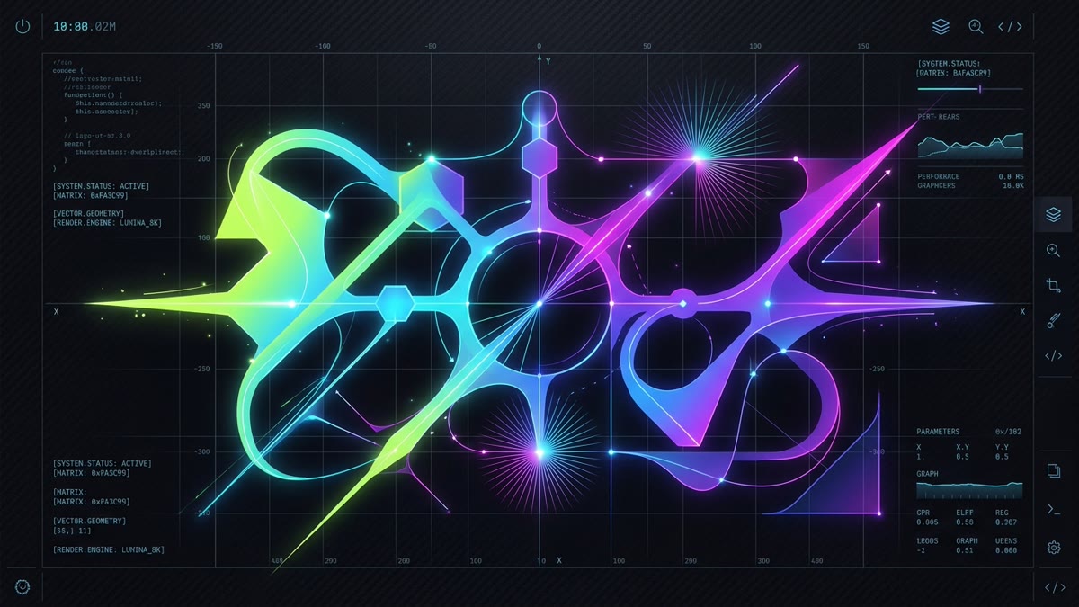 Glowing linear and radial SVG vector gradients across geometric icons with developer UI coordinate indicators