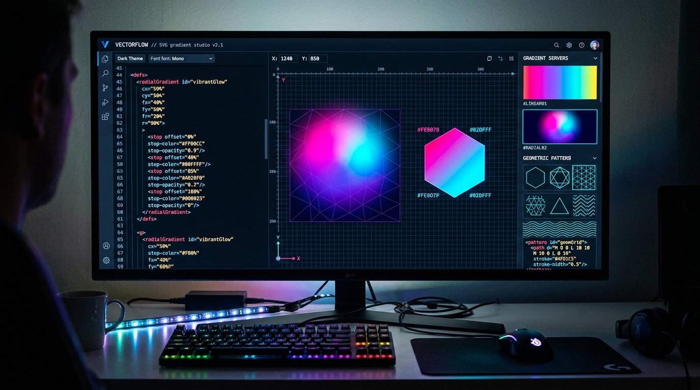 SVG Gradients and Vector Paint Servers Studio interface illustrating radial gradients, linear color interpolation, and pattern tiles
