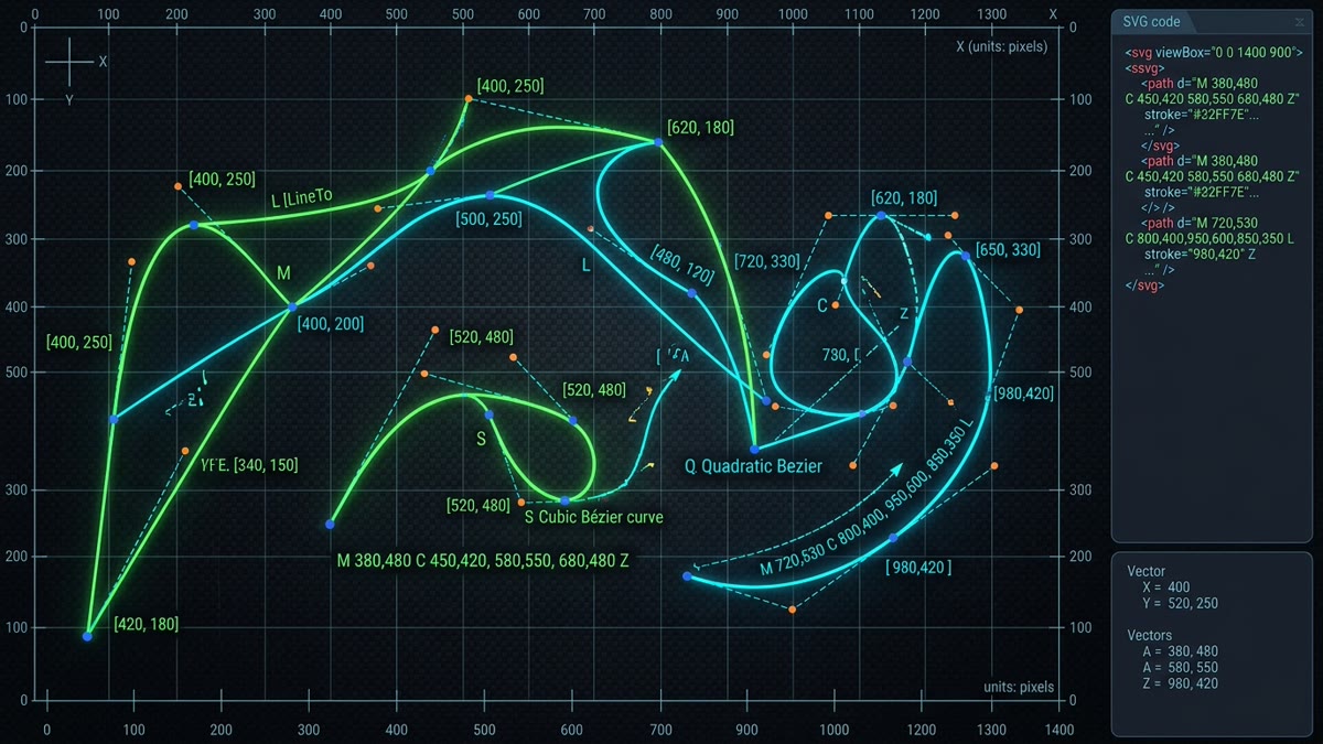 Glowing vector path commands and bezier curve handles on a coordinate grid workspace