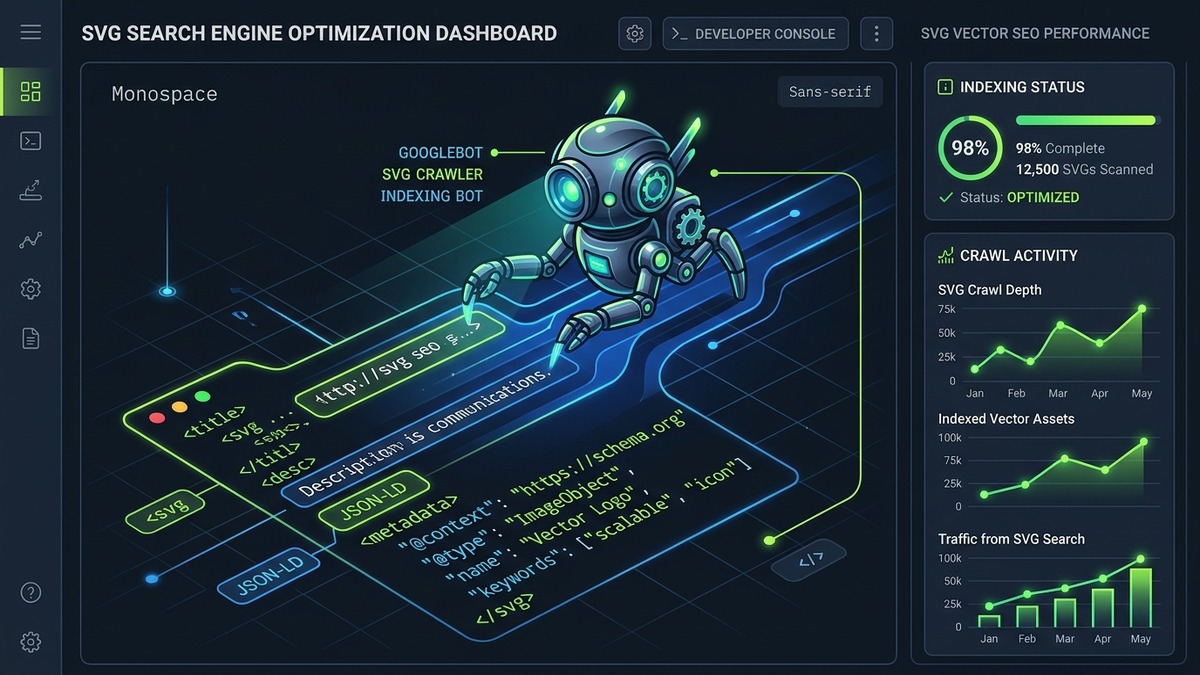 Technical SEO analytics dashboard illustrating Googlebot and Bingbot indexing vector SVG code, structured data, and search engine visibility metrics