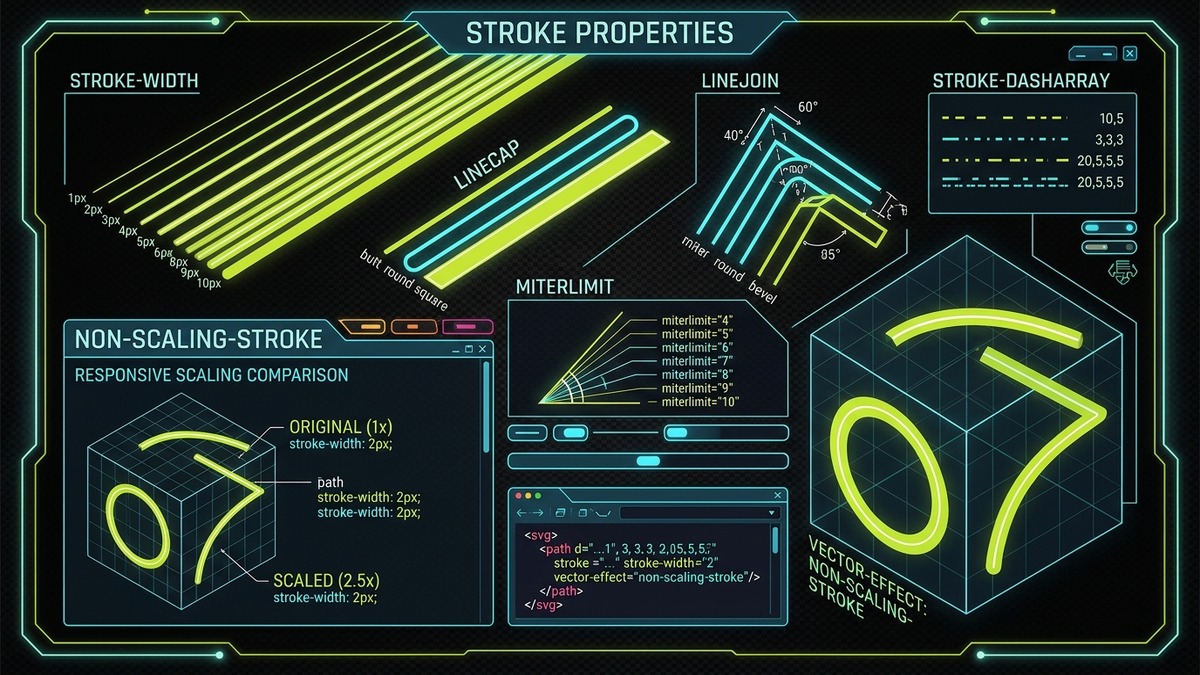 Technical diagram illustrating SVG stroke properties, linecap, linejoin, miterlimit math, and non-scaling-stroke vector effect