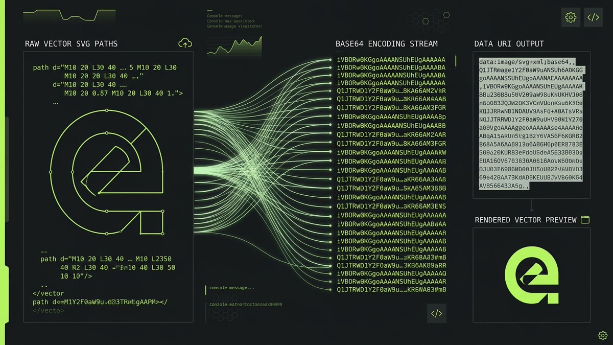 Technical diagram showing raw vector SVG code transforming into Base64 encoding stream and Data URI output for CSS and HTML embedding