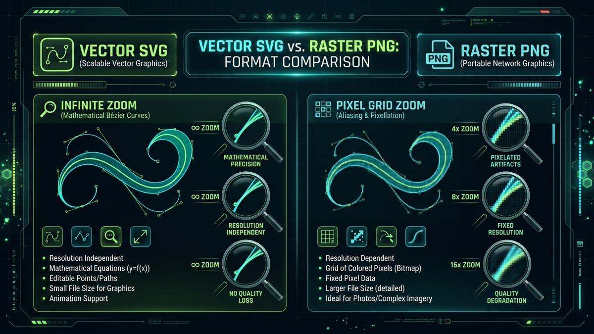 Side-by-side technical infographic comparing vector SVG infinite zoom with raster PNG pixel grid aliasing